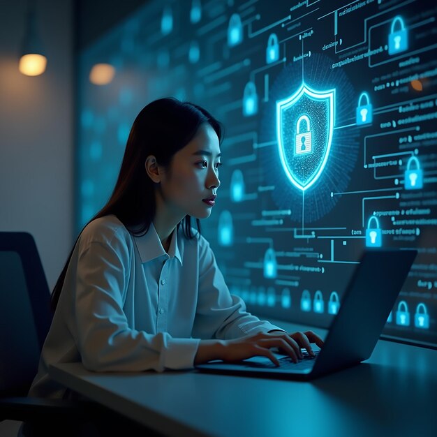 woman sits desk with shield wall her laptop 624163 5545