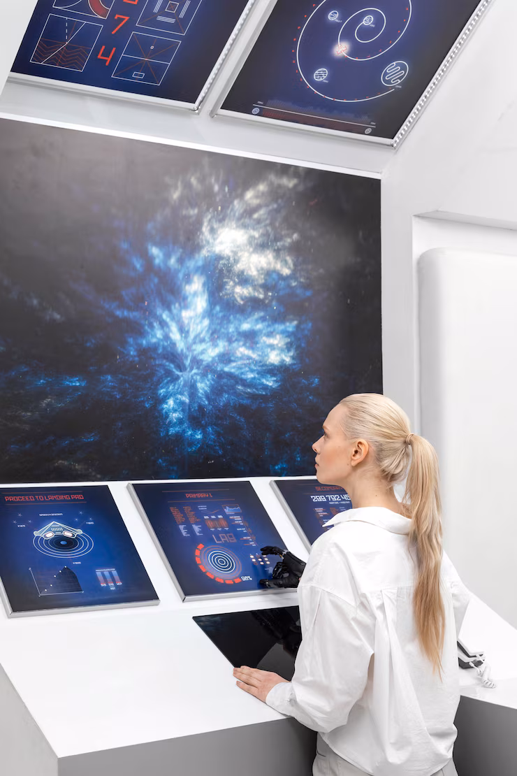 woman working digital monitors 23 2148910246